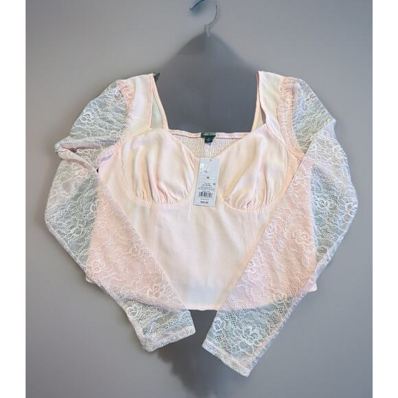 -TOP WOMEN Crop Wild Fable Size Med Lace Long Sleeves Pink C 17” L 19” SL 26” - Picture 3 of 10